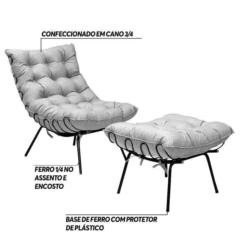 Poltrona e Puff Abel Base de Ferro Preto Linho Cinza - 3