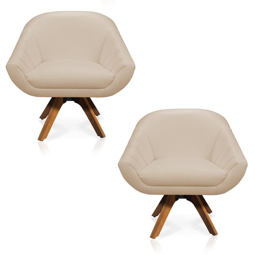 Kit 02 Poltronas Giratória Giovana Corino Base Madeira Mm30 - 1