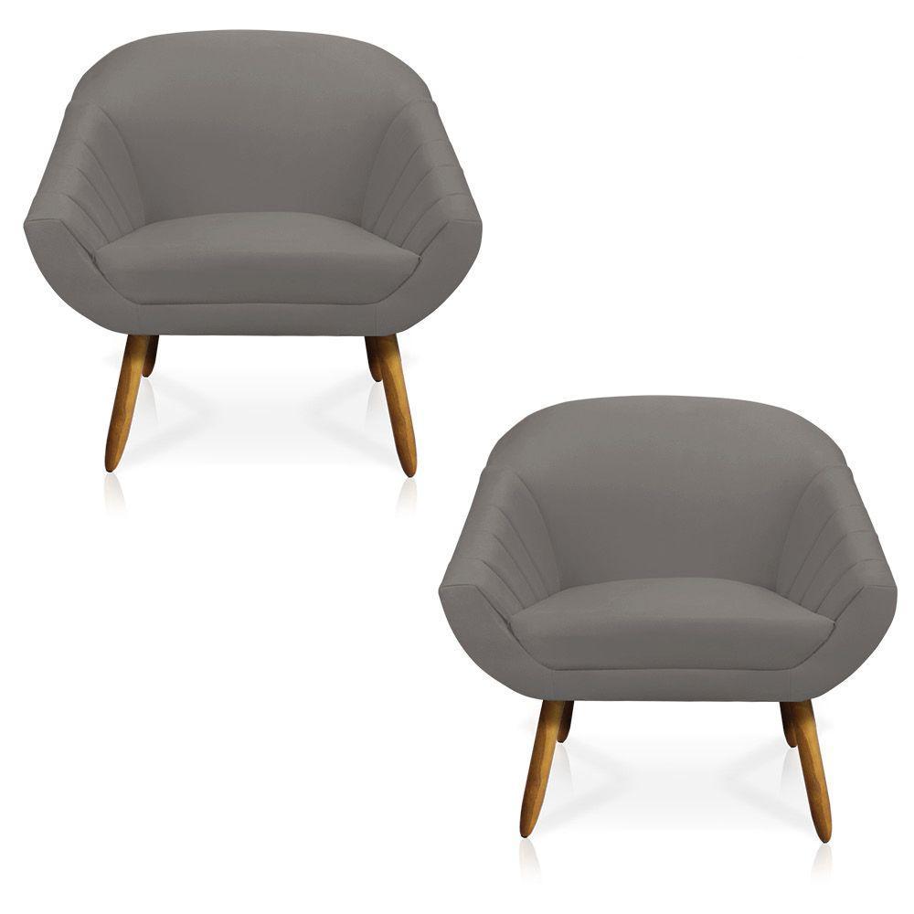 Kit 02 Poltronas Giovana Suede Grafite Pés Palito Castanho - 4