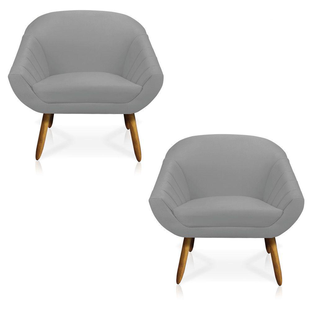 Kit 02 Poltronas Giovana Suede Cinza Pés Palito Castanho - 1