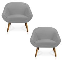 Kit 02 Poltronas Giovana Suede Cinza Pés Palito Castanho - 1