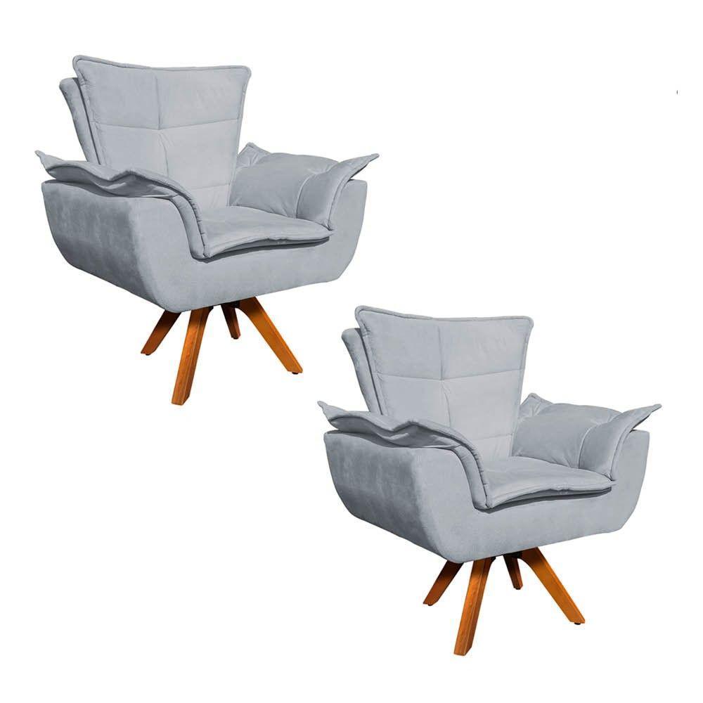 Kit 02 Poltronas Giratória Opala Suede Cinza Base Madeira - 1