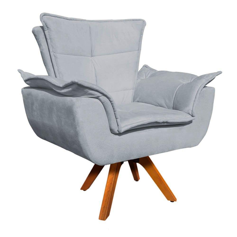 Kit 02 Poltronas Giratória Opala Suede Cinza Base Madeira - 2