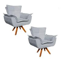 Kit 02 Poltronas Giratória Opala Suede Cinza Base Madeira - 1