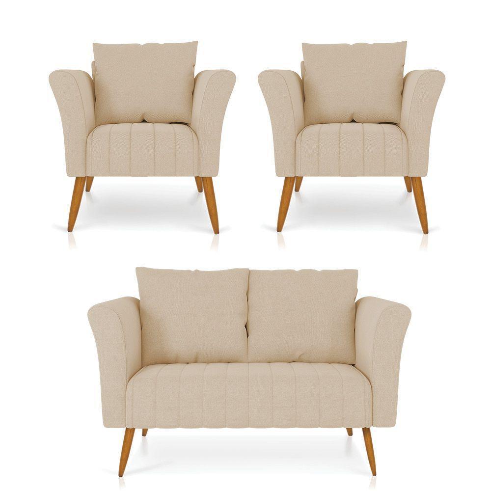 Kit 01 Namoradeira 02 Lugares E 02 Poltronas Marilia Linho Pés Palito Castanho - D'rossi Cor A19 Grosso Bege - 1