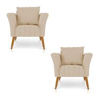 Kit 02 Poltronas Marilia Linho Pés Palito Castanho - D'rossi Cor A19 Grosso Bege - 1