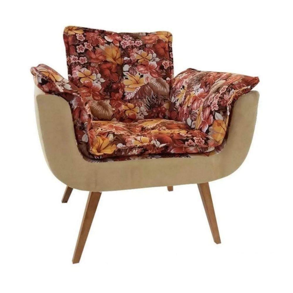 Poltrona Decorativa Opala Suede Composê Floral e Bege - 1