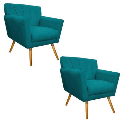 02 Poltronas Laura Palito Mel Suede Azul Turquesa