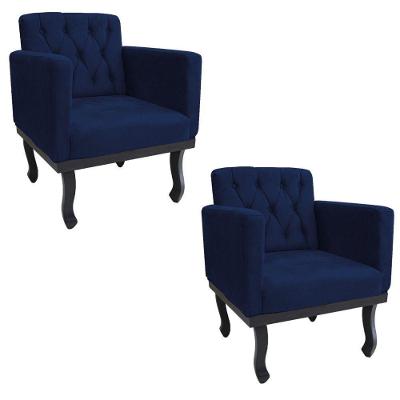 Kit 02 Poltronas Classic Pés Luís Xv Suede Azul Marinho