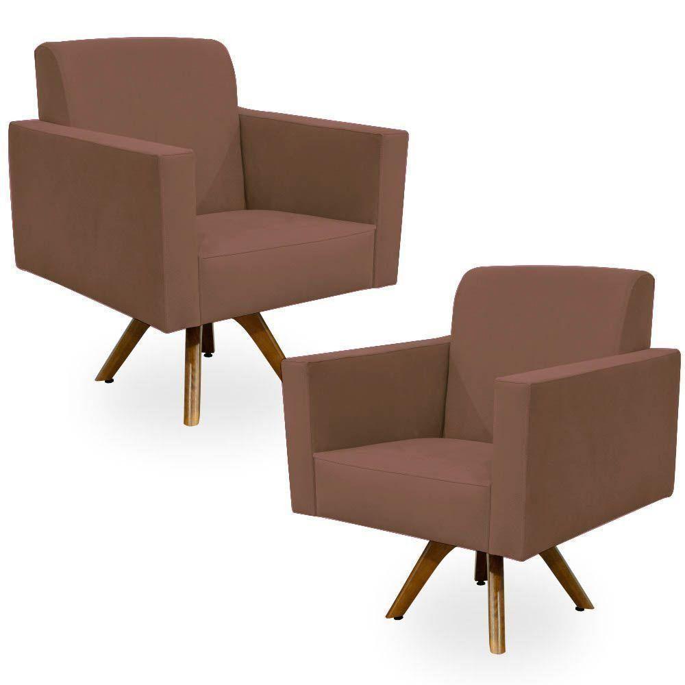 Kit 02 Poltronas Giratória Base De Madeira Suede Rosê - 1