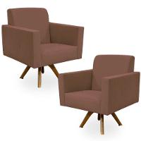Kit 02 Poltronas Giratória Base De Madeira Suede Rosê - 1