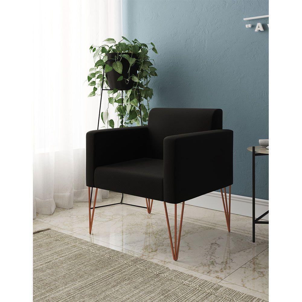 Poltrona Decorativa Turim Pés Hairpin Cobre Tecido Suede Preto - Cor: Preto - 1
