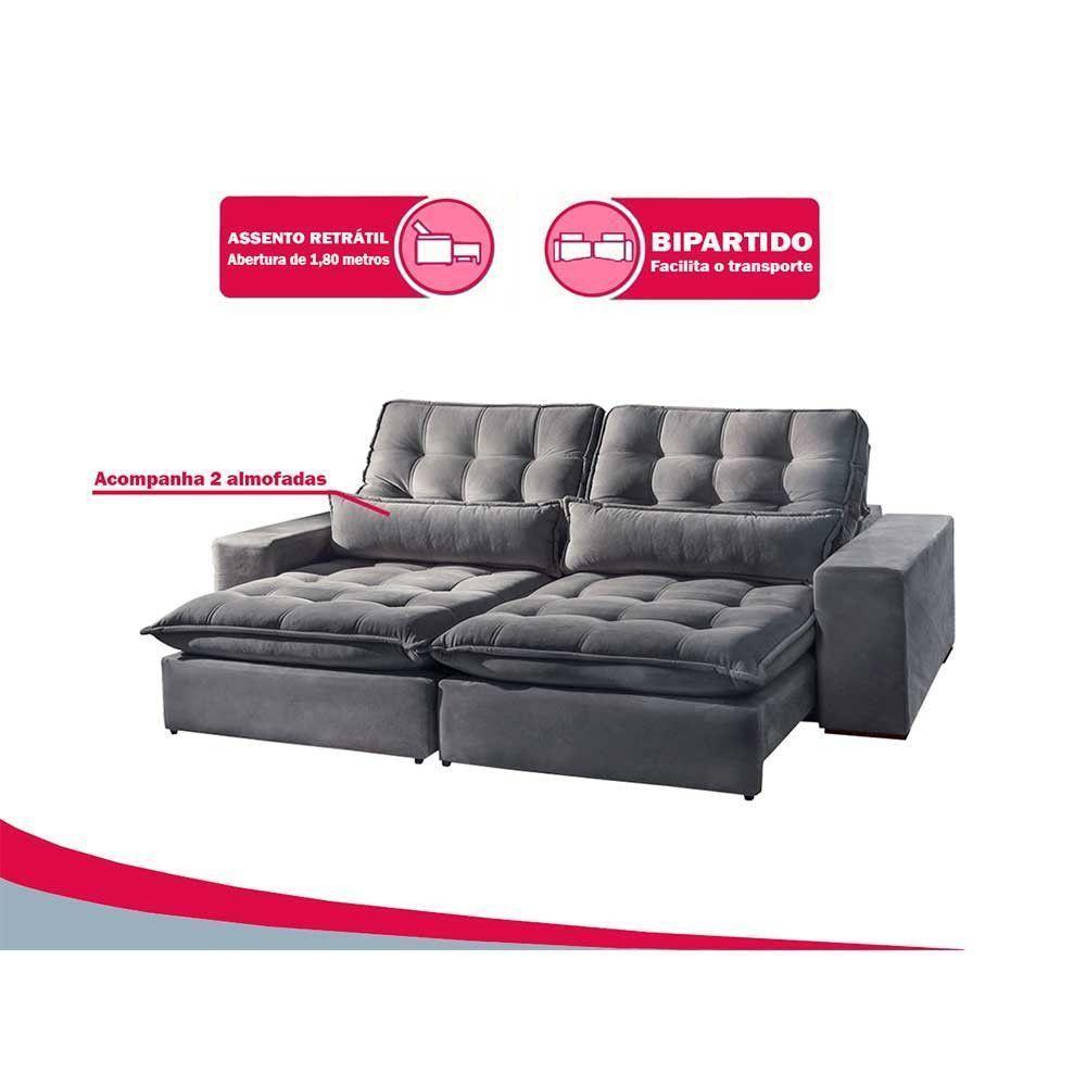 Sofá 4 Lugares Retrátil E Reclinável Bruna 2.50m Suede Móveis Mix Cinza Claro - 4