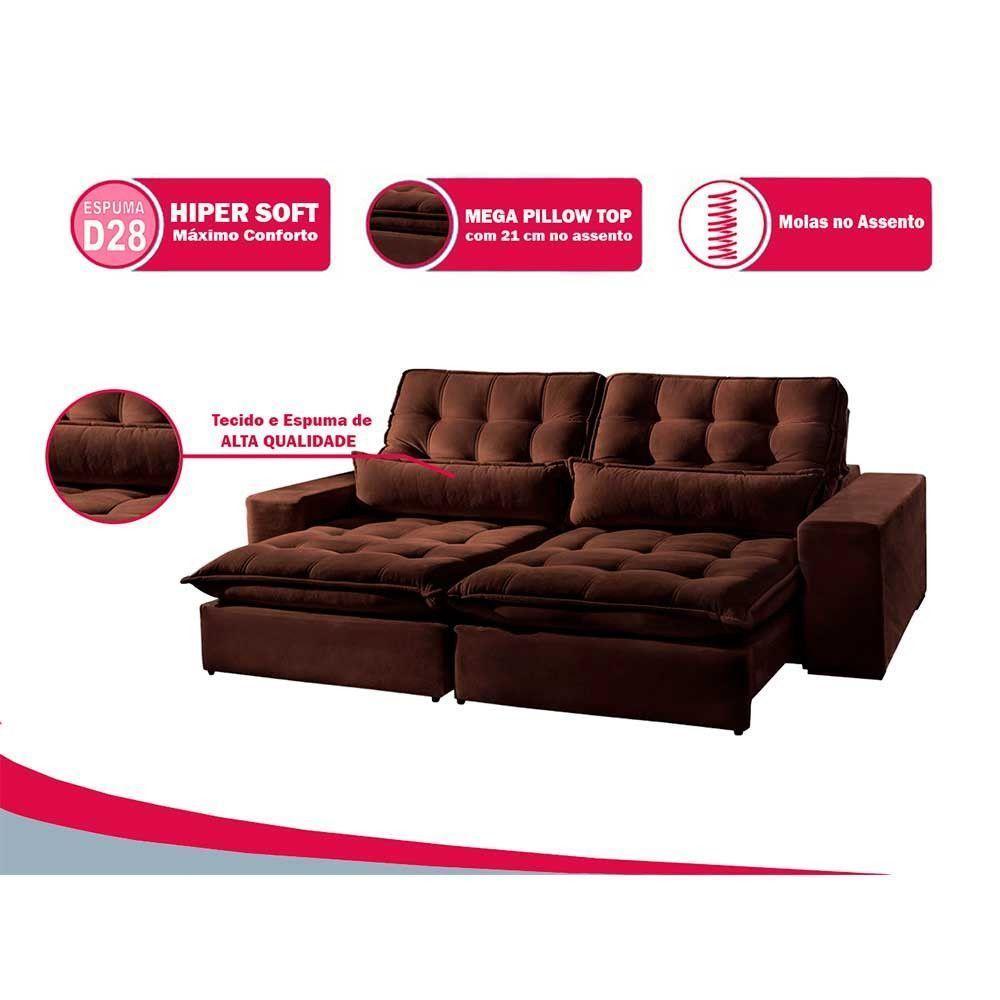 Sofá 5 Lugares Retrátil E Reclinável Bruna 2.90m Veludo Móveis Mix Marrom - 3