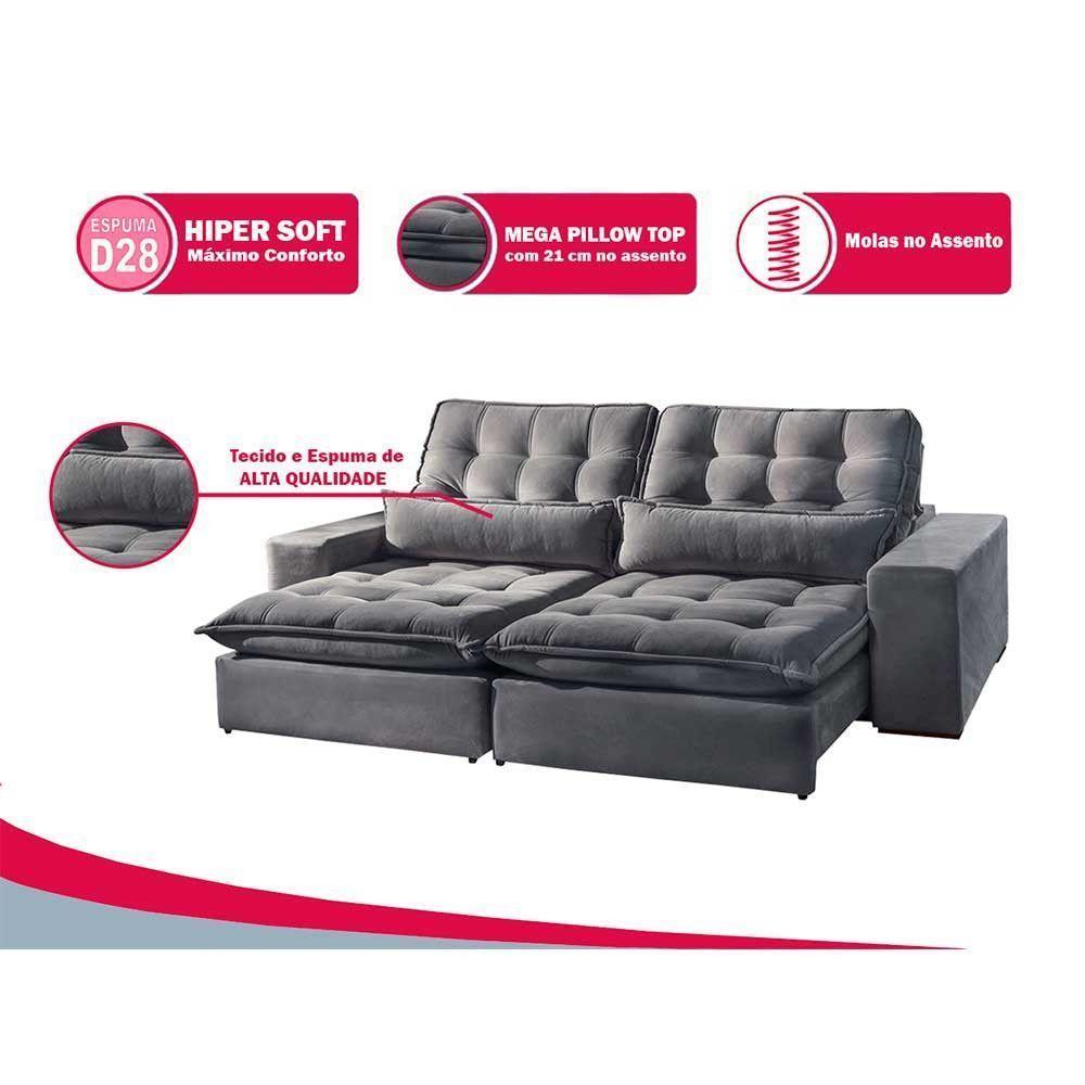 Sofá Bruna 3 Lugares Retrátil E Reclinável 2.30m Suede Móveis Mix Cinza Claro - 3