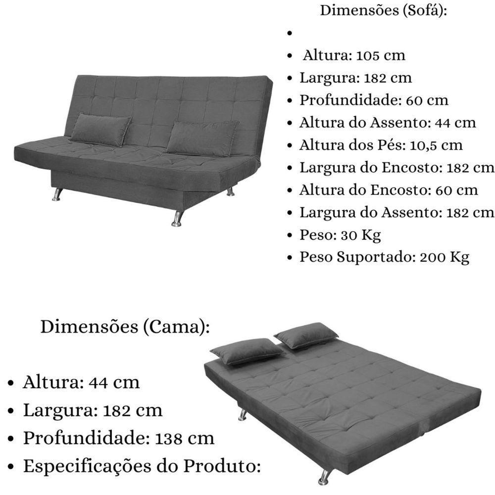 Sofá Cama Casal 3 Lugares Com Almofadas Melina Suede Cinza - 10