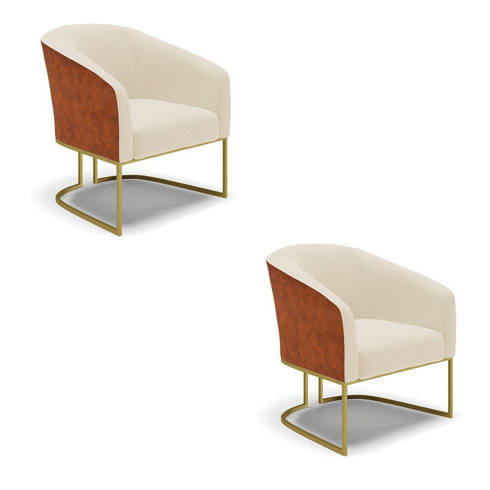 Kit 02 Poltronas Nozes Com Linho Bege A19 Base Dourada - 1