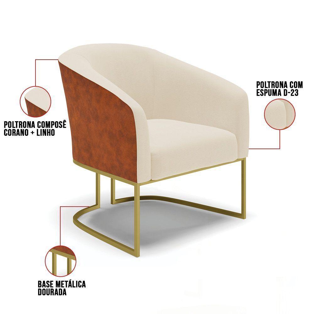 Kit 02 Poltronas Nozes Com Linho Bege A19 Base Dourada - 3