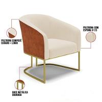 Kit 02 Poltronas Nozes Com Linho Bege A19 Base Dourada - 3