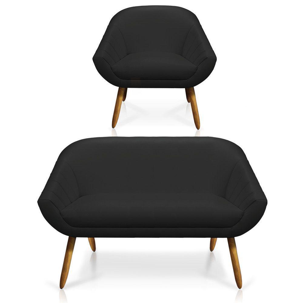 Kit 01 Namoradeira 02 Lugares E 01 Poltrona Giovana Corino Preto Pés Palito Castanho - 1