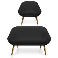 Kit 01 Namoradeira 02 Lugares E 01 Poltrona Giovana Corino Preto Pés Palito Castanho - 1