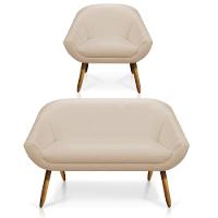 Kit 01 Namoradeira 02 Lugares E 01 Poltrona Giovana Corino Pés Palito Castanho Bege - 1