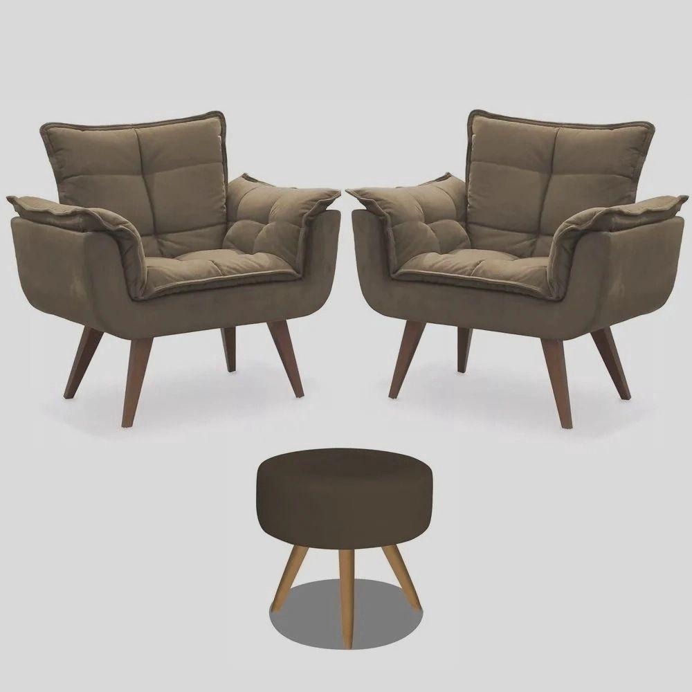 Kit 2 Poltronas Opalas Com Puff Redondo Suede Cappucino - 1