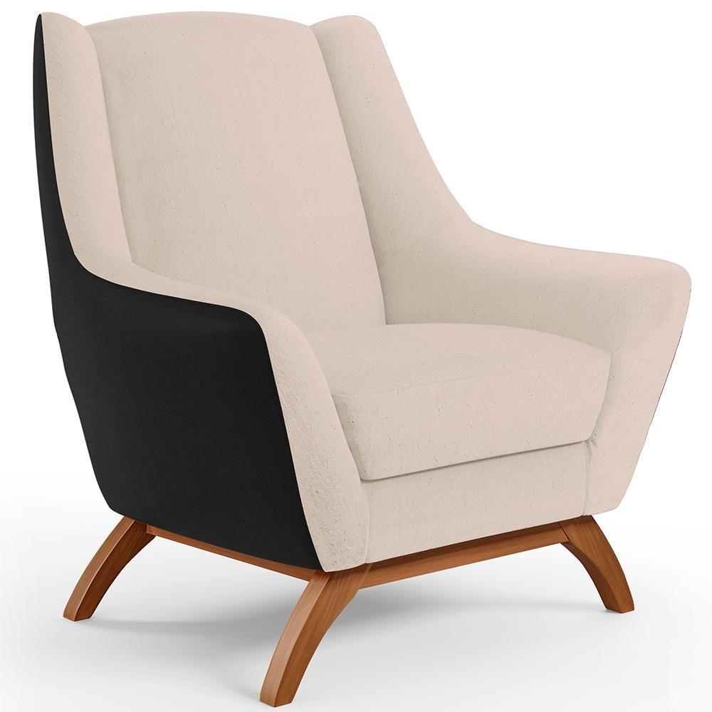 Poltrona Base Em Madeira Corano Preto C-05 Linho Bege C-107 - 1