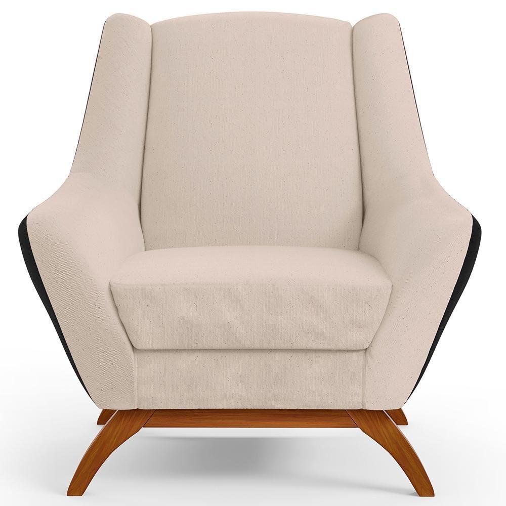 Poltrona Base Em Madeira Corano Preto C-05 Linho Bege C-107 - 8