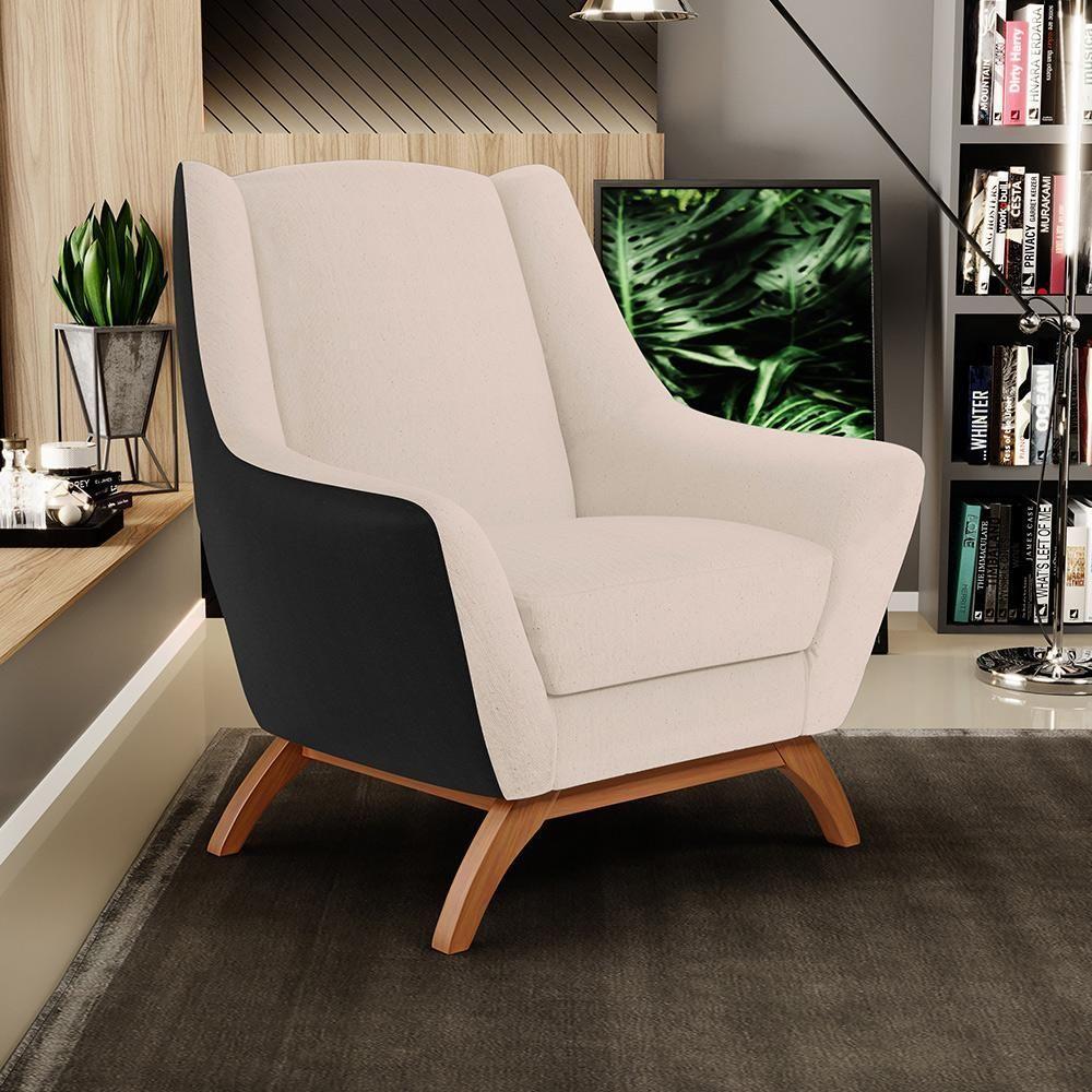 Poltrona Base Em Madeira Corano Preto C-05 Linho Bege C-107 - 9