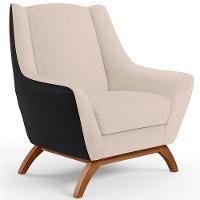 Poltrona Base Em Madeira Corano Preto C-05 Linho Bege C-107 - 1