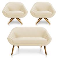 Kit 01 Namoradeira 02 Lugares E 02 Poltronas Giratória Giovana Veludo Bege Base Madeira - 1