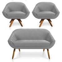 Kit 01 Namoradeira 02 Lugares E 02 Poltronas Giratória Giovana Veludo Cinza Base Madeira - 1