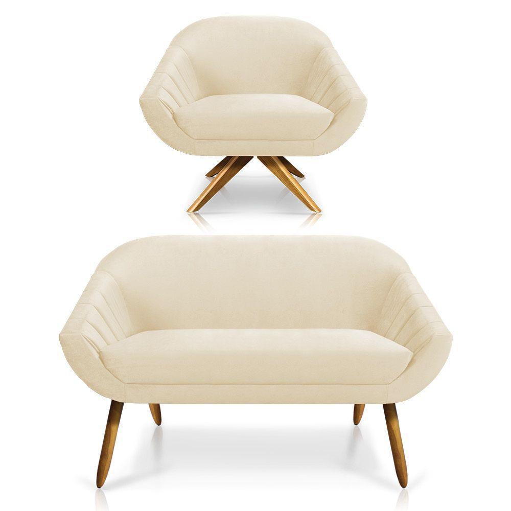 Kit 01 Namoradeira 02 Lugares E 01 Poltrona Giratória Giovana Veludo Bege Base Madeira - 1