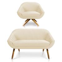 Kit 01 Namoradeira 02 Lugares E 01 Poltrona Giratória Giovana Veludo Bege Base Madeira - 1