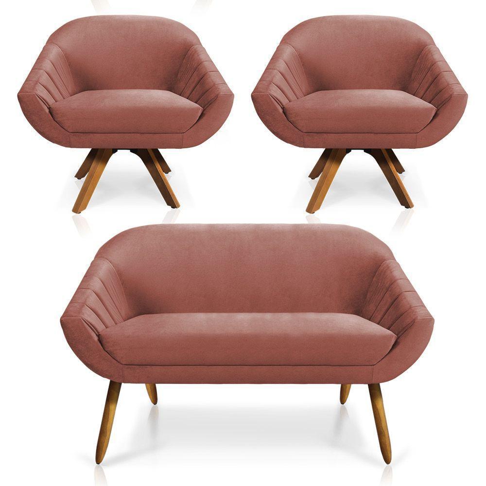Kit 01 Namoradeira 02 Lugares E 02 Poltronas Giratória Giovana Veludo Rosê Base Madeira - 1