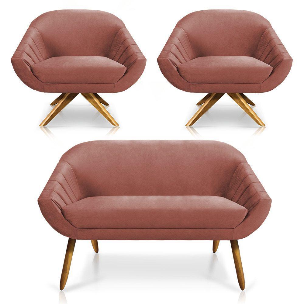 Kit 01 Namoradeira 02 Lugares E 02 Poltronas Giratória Giovana Veludo Rose Base Madeira - 1