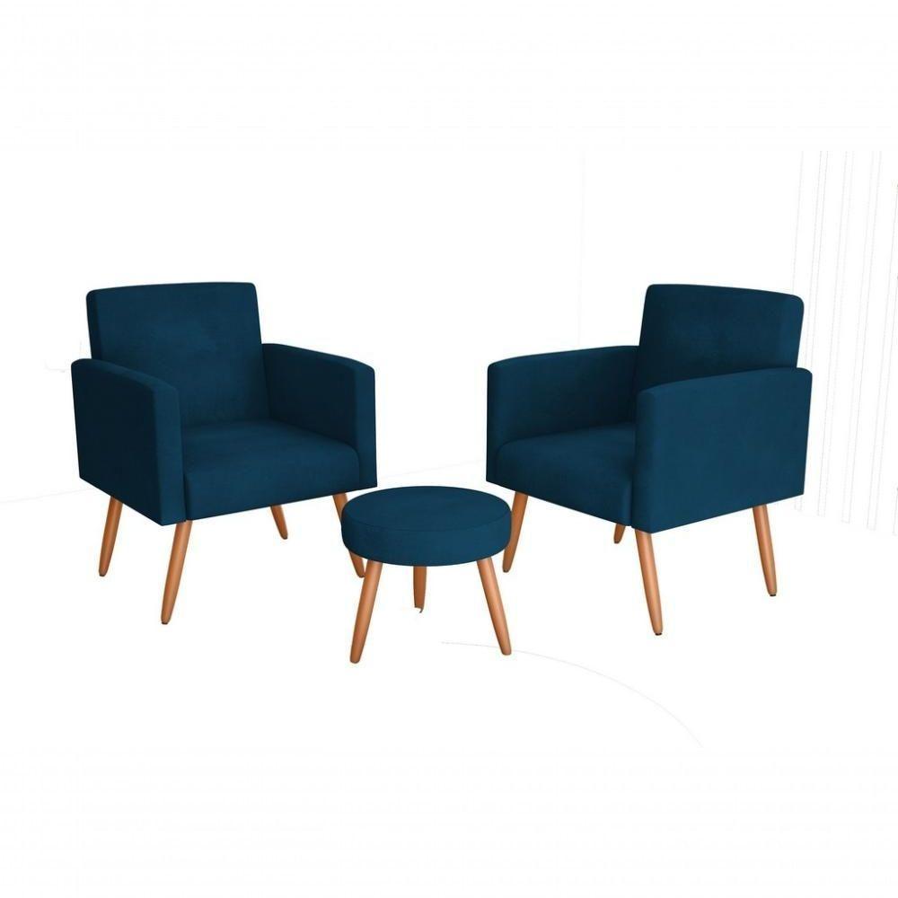 Conjunto 02 Poltronas Decorativas E 1 Puff Dallas - Veludo Turkey Petroleo - 2