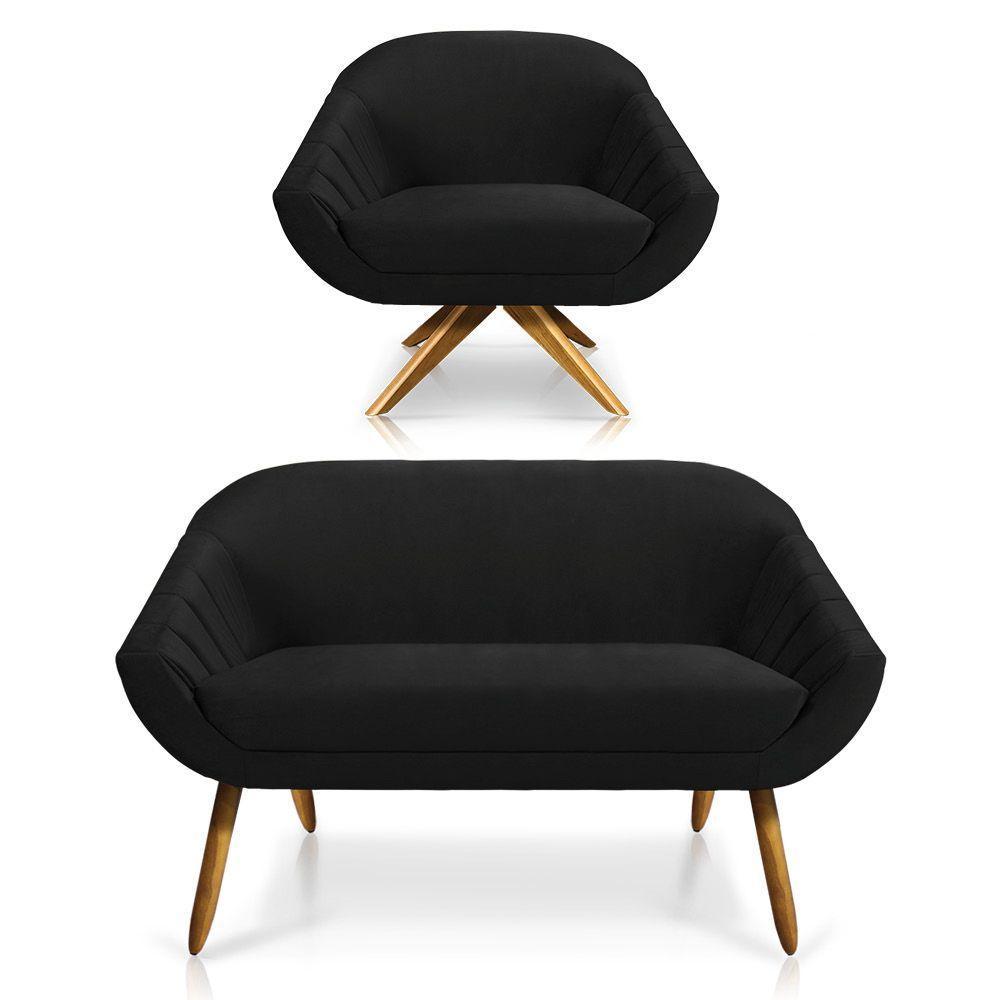 Kit 01 Namoradeira 02 Lugares E 01 Poltrona Giratória Giovana Veludo Preto Base Madeira - 1