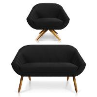 Kit 01 Namoradeira 02 Lugares E 01 Poltrona Giratória Giovana Veludo Preto Base Madeira - 1