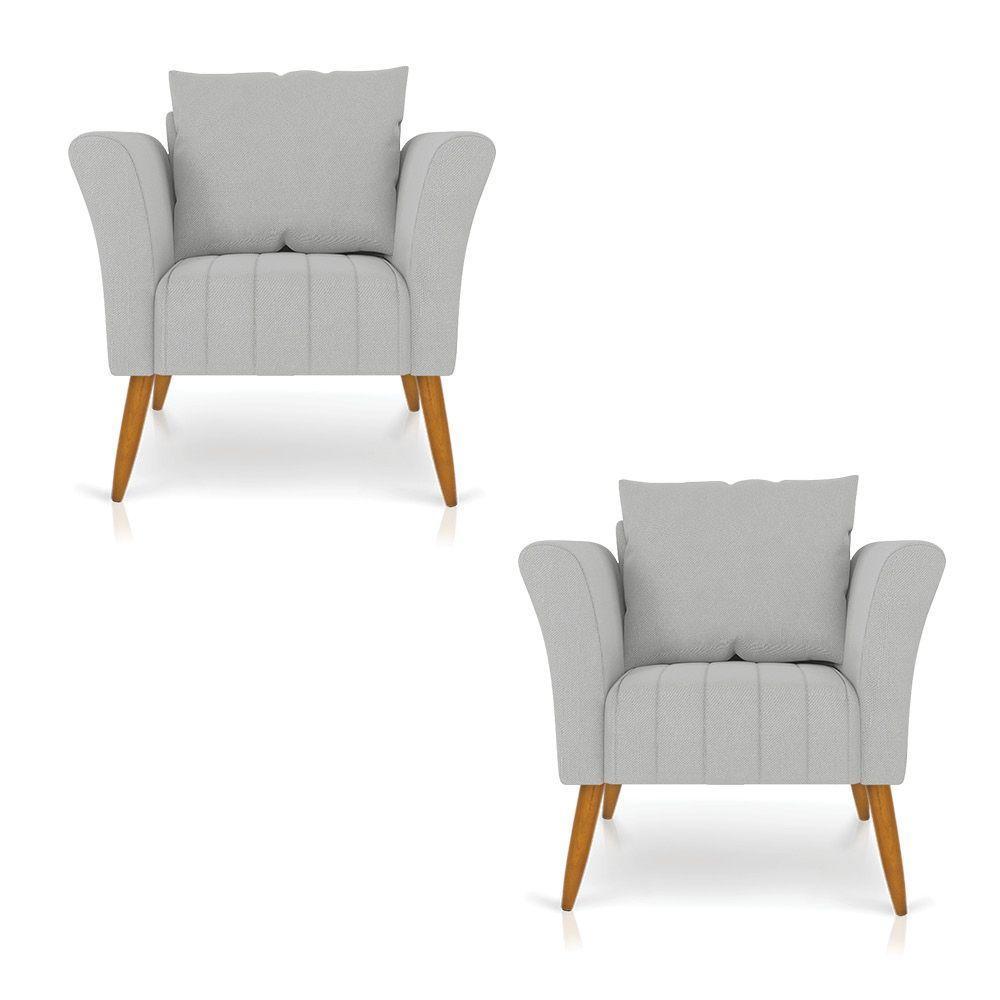 Kit 02 Poltronas Marilia Linho Pés Palito Castanho - D'rossi Cor A05 Cinza Claro - 1