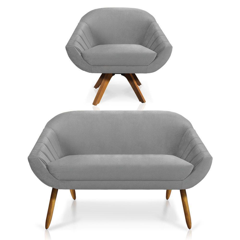 Kit 01 Namoradeira 02 Lugares E 01 Poltrona Giratória Giovana Veludo Base Madeira Cinza - 1