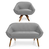 Kit 01 Namoradeira 02 Lugares E 01 Poltrona Giratória Giovana Veludo Base Madeira Cinza - 1