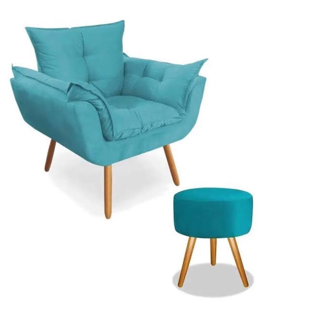 Kit 2 Poltronas Opalas + Puff Redondo Suede Azul Tiffany - 4