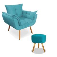 Kit 2 Poltronas Opalas + Puff Redondo Suede Azul Tiffany