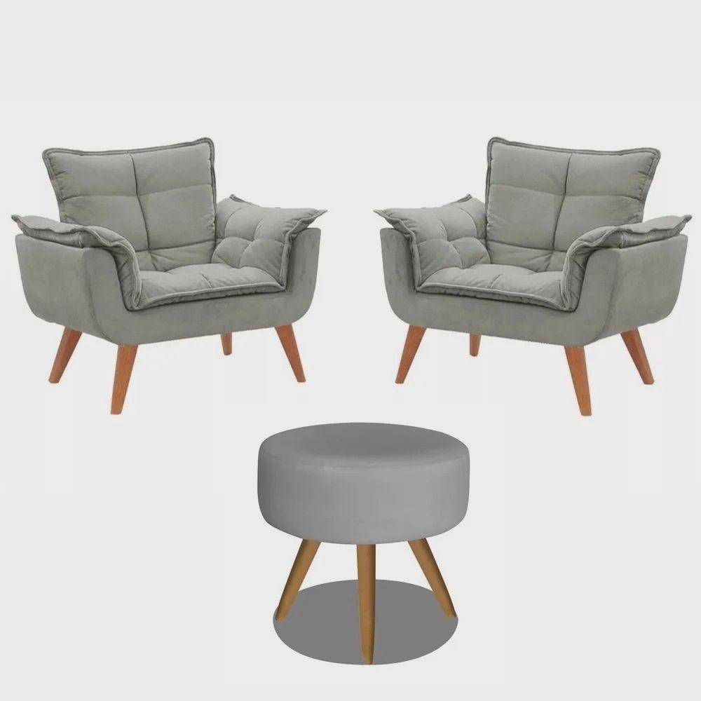 Kit 2 Poltronas Opalas Com Puff Redondo Suede Cinza - 1