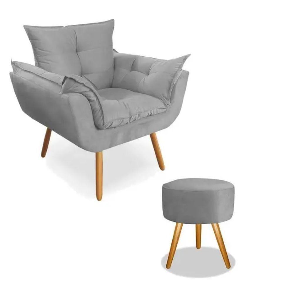 Kit 2 Poltronas Opalas Com Puff Redondo Suede Cinza - 11