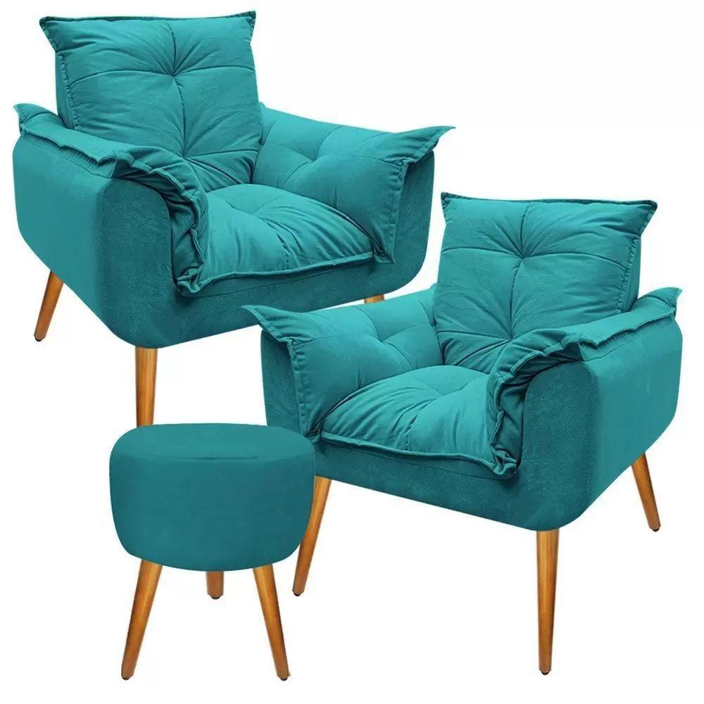 Kit 2 Poltronas Opalas Com Puff Redondo Suede Azul Turquesa - 5