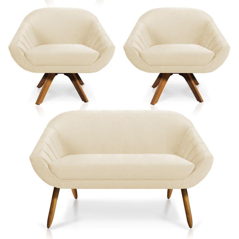 Kit 01 Namoradeira 02 Lugares E 02 Poltronas Giratória Giovana Veludo Bege Base Madeira - 1