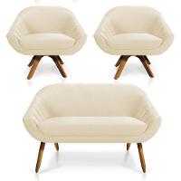 Kit 01 Namoradeira 02 Lugares E 02 Poltronas Giratória Giovana Veludo Bege Base Madeira - 1